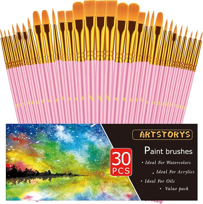 Artstorys 30Pcs Paint Brush Set for Acrylic, Oil & Watercolor, Pink | Nylon hair with wooden grips. Great for canvas art, rock crafts & face painting, perfect supplies for adult DIY art projects