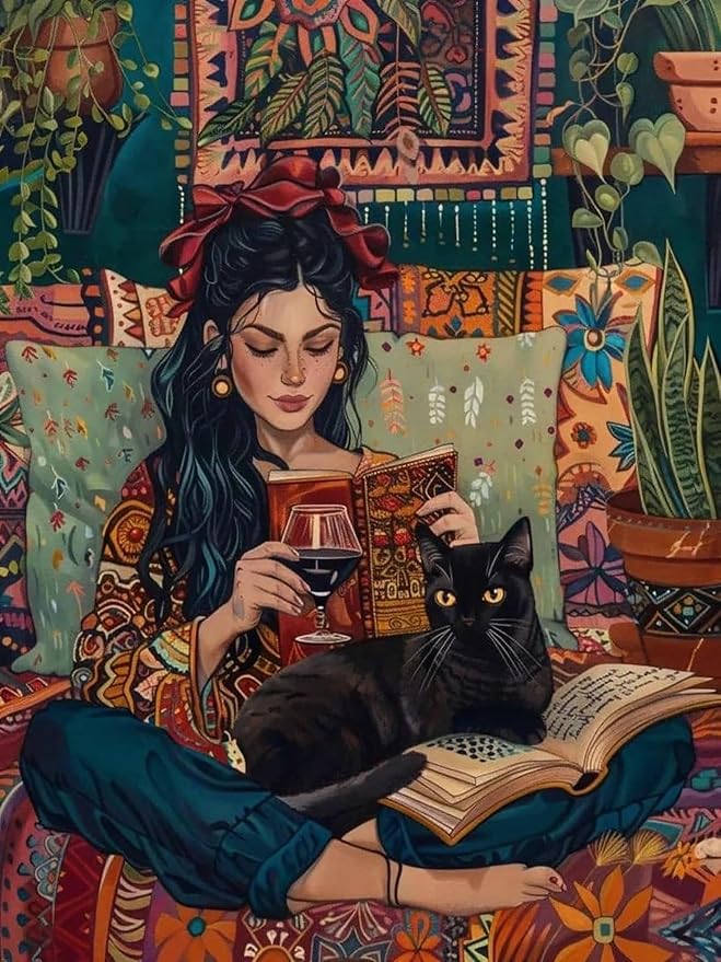 ijbnhd Black Cat Diamond Art Kits for Adults Reading Book 12x16 inch