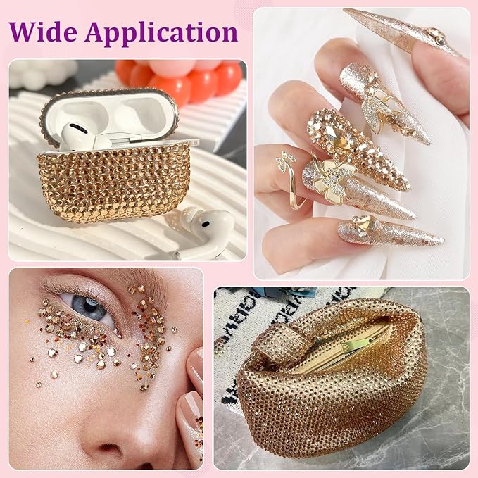 16000Pcs Resin Rhinestones with Tweezers for Crafting, Champagne 2-6mm Mixed Sizes Bedazzling Crystal with 3Pcs 10ml B7000 Jewelry Glue for DIY Crafts Clothing Tumblers Shoes Fabric Nail Art