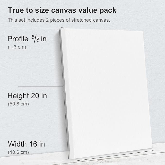 PHOENIX 16x20 Inch Pack of 2 Canvas - Large Stretched Canvas for Painting, 8 Oz Triple Primed 5/8 Inch Profile 100% Cotton White Blank Canvas, Square Framed Canvas for Oil Acrylic & Pouring Art