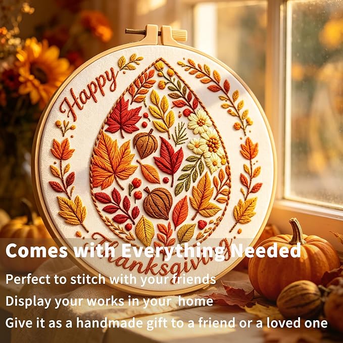 FONNUY Fall Embroidery Kit, Handmade Autumn Wreath Pre-Stamped Pattern for Beginners, Thanksgiving Harvest Home Decor, 8'' Hoop (Maple Leaves)