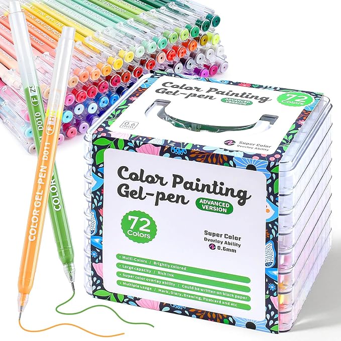 Gel Pens Set for Coloring, 72 Colors Gel Pens Markers for Adult Coloring Books, 0.6mm Fine Point Colored Pen for Painting, Doodling, Illustrations, Writing, Scrapbooking, Art DIY Crafts