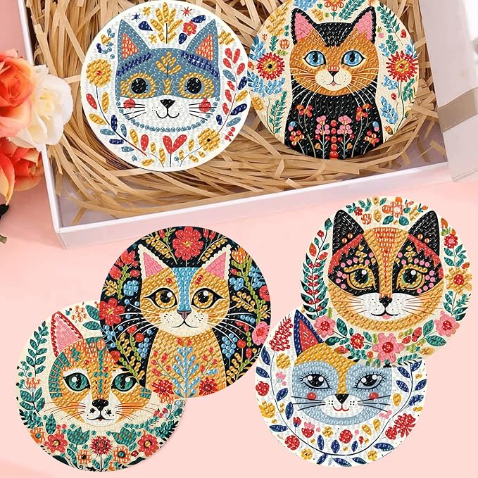 mrpwnle 6 Pcs Diamond Art Coasters Kits, Cat Diamond Painting Coasters Kit