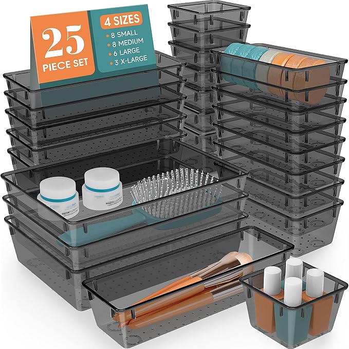 25 PCS Plastic Drawer Organizer Set, Makeup Organizers and Storage Bins | 4 Sizes Desk Drawer Divider Organizers and Storage Bins for Jewelry, Gadgets for Kitchen, Bedroom, Bathroom, Office, Black