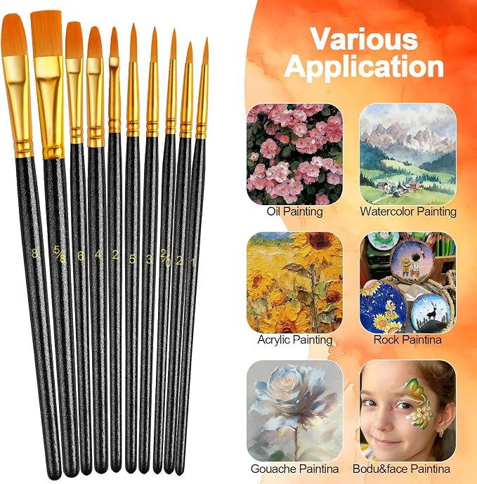 Paint Brushes Set, 16 Pack 160 Pcs Round-Pointed Tip Paintbrushes Nylon Hair Artist Acrylic Paint Brushes for Acrylic Oil Watercolor, Face Nail Art, Miniature Detailing & Rock Painting, Black