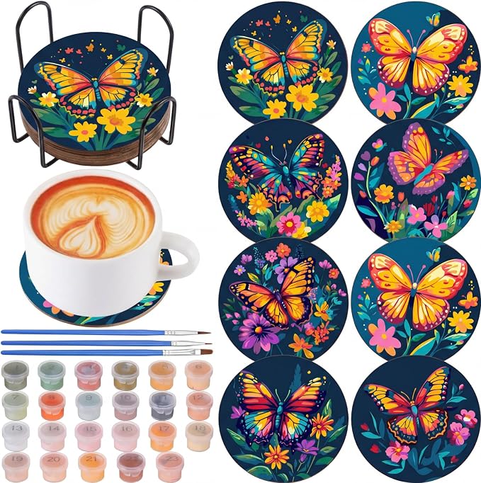 Reallnaive 8 Pcs Butterfly Flower Paint by Numbers Kit Coaster for Adults | Mini Paint by Numbers, Tiny Floral Round Oil Painting Drink Coaster with Holder, for Small DIY Craft Birthday Gift
