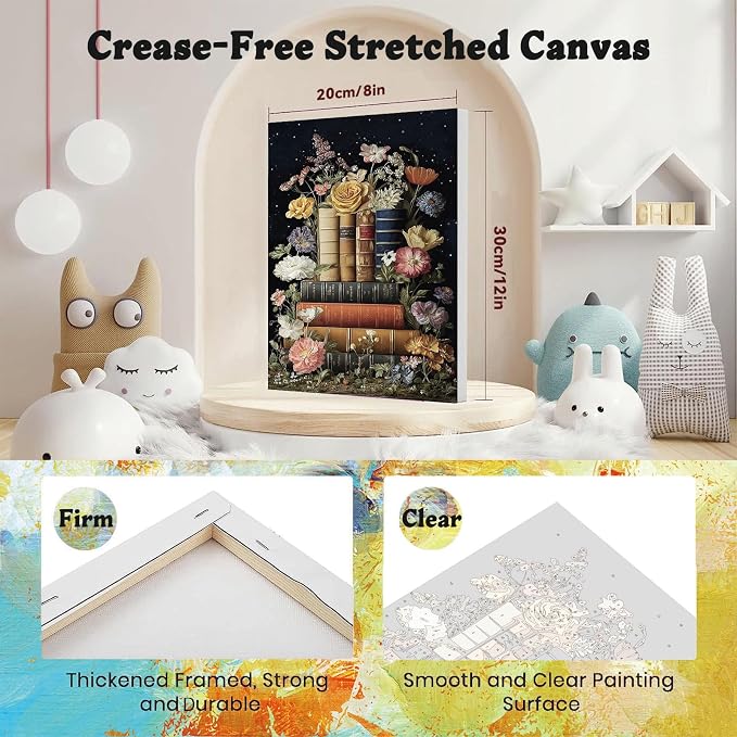 xackcme Book Paint by Numbers for Adults with Framed Canvas 8x12 inch | Flowers Paint by Number on Canvas, DIY Books Acrylic Oil Painting Kits with Brushes Wooden Easel for Home Wall Decor