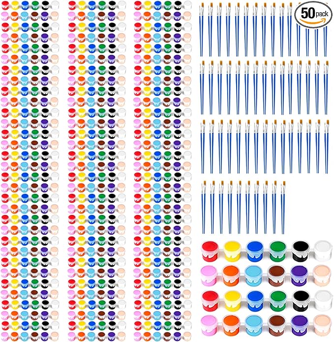 50 Pack Mini Acrylic Paint Set, 12 Colors Washable Paint Strips for Kids & Adults - Includes 100 Brushes, 600 PCS kids Paint Kits for Easter Eggs, Birthday, Classroom Party，school supplies