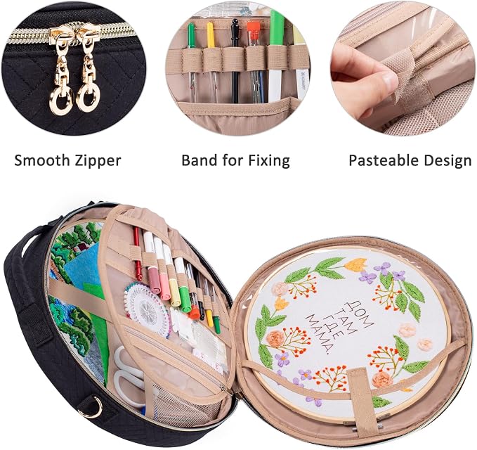 MYBAGZING | Round Embroidery Bag(Empty) - Embroidery Storage Bag -Cross Stitch Supplies Organizer with Multiple Pockets for Embroidery Kits, Cross Stitch Suppliers, Embroidery Floss (Bag Only)