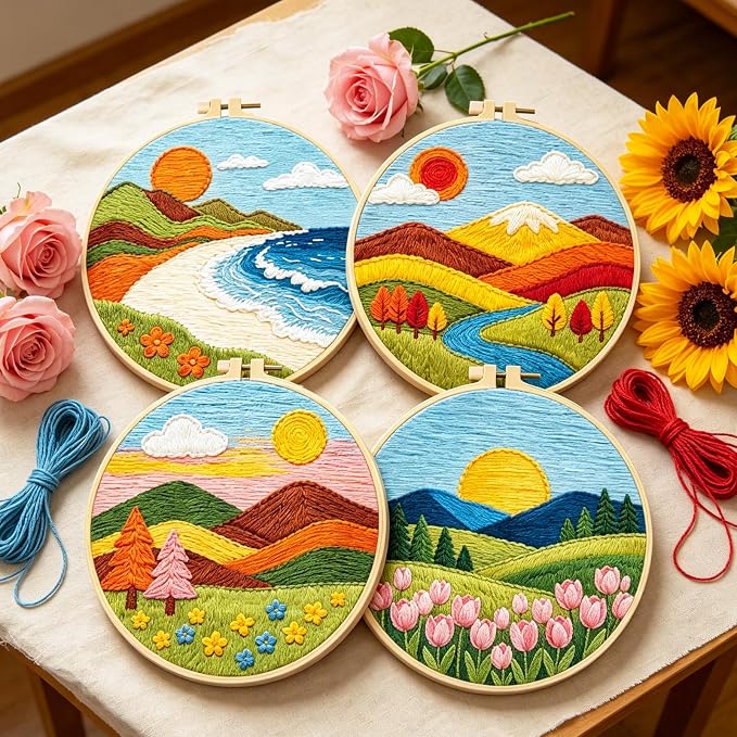 BEUNITONE 4 Set Embroidery Kit for Adults Beginner with Hoops & Instruction | Easy to Learn Landscape Stamped Embroidery Patterns, Includes Multiple Accessories, Gift for Craft Lovers Relaxation
