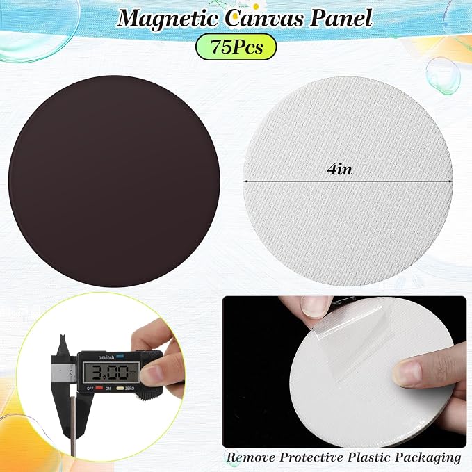 Nezyo 75 Pieces Magnetic Painting Canvas Panel Mini Canvas Boards Mini Canvases Tile Art for Painting Magnetic Fridge Locker Art Paints Crafts DIY Kit(Round,4 Inch)