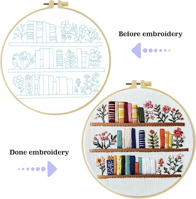 JOZYSH 8'' Flowers Embroidery Kit for Beginners Stamped Books and Flowers Pattern Embroidery Kit Cross Stitch Kit Embroidery Starter Kit with Instructions, Embroidery Hoops for Home Ofiice Decor