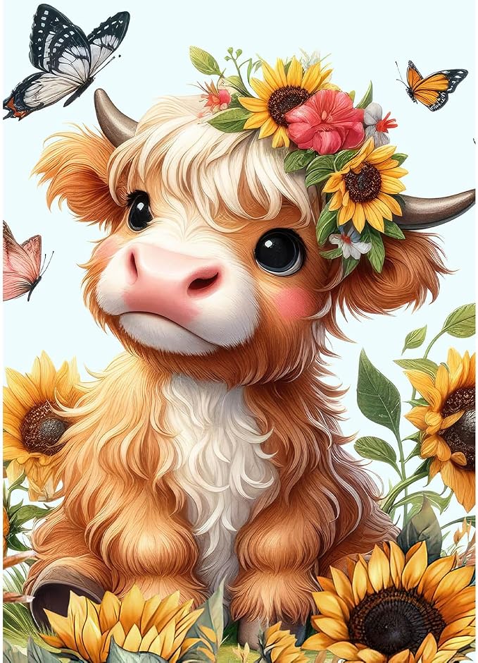 Yanfairy Highland Cow Diamond Art Kits for Adults, Round Full Drill Paint with Diamond Gem Art Crafts Kits, DIY Cow Sunflower 5D Diamond Painting Kits, Beginners Diamond Dots Wall Decor 12x16inch