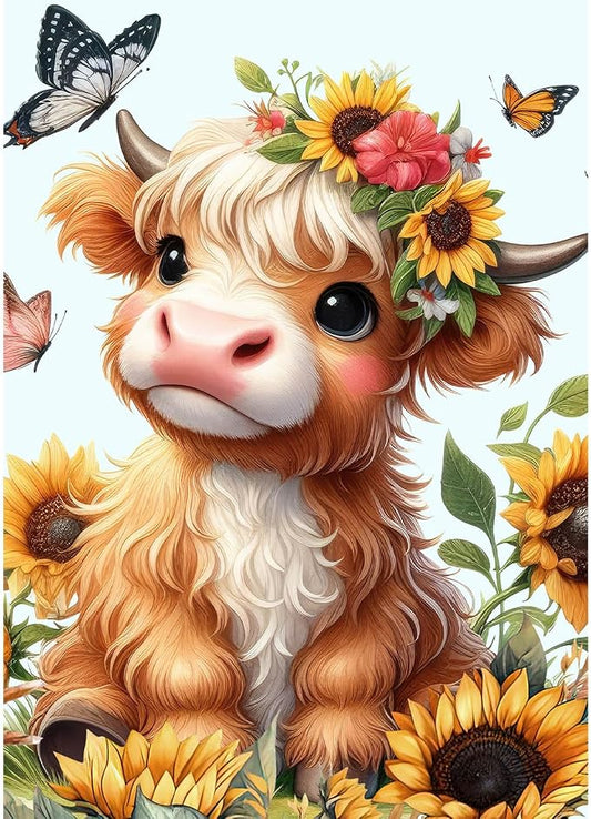 Yanfairy Highland Cow Diamond Art Kits for Adults, Round Full Drill Paint with Diamond Gem Art Crafts Kits, DIY Cow Sunflower 5D Diamond Painting Kits, Beginners Diamond Dots Wall Decor 12x16inch