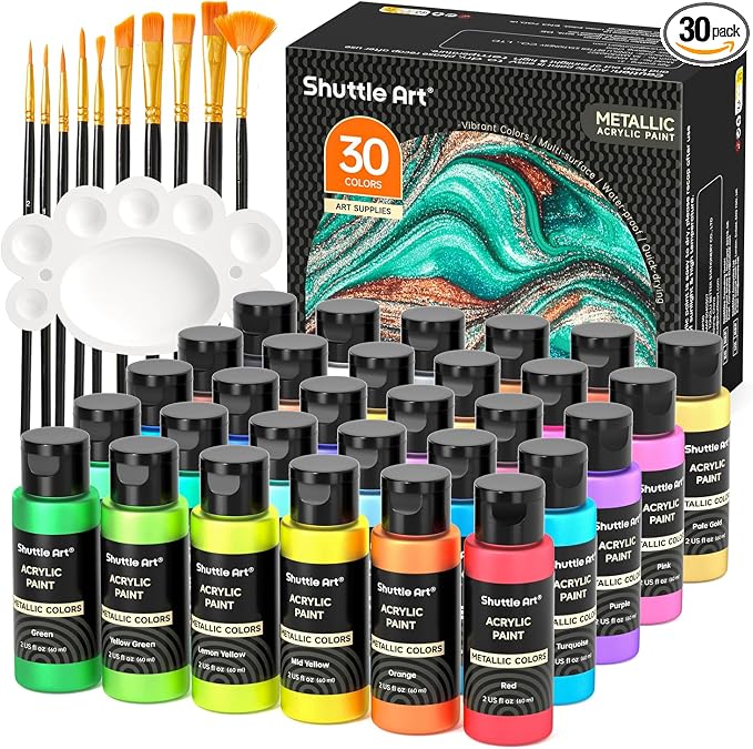 Shuttle Art 30 Colors Metallic Acrylic Paint, Artist Grade Metallic Paint in Bottles (60ml, 2oz), Rich Pigmented, High Viscosity, Non-Toxic for Artists, Beginners on Rocks Crafts Canvas Wood Fabric