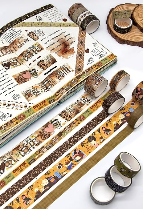 Coffee Themed Washi Tape Set, 14 Rolls Vintage Crafts Tape, Art Decorative Tape for Scrapbooking Supplies, Junk Journal, Bullet Journaling, Vision Board Supplies