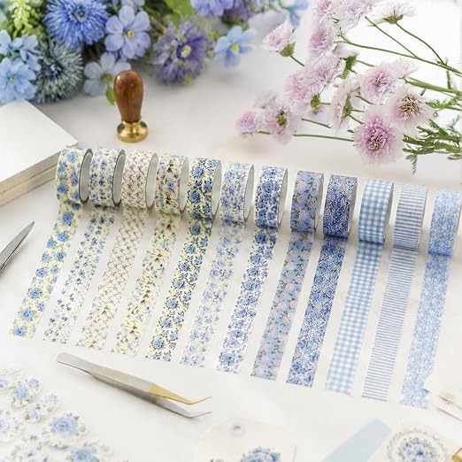 12 Roll Floral Washi Tape Set Flower Decorative Masking Tape for Scrapbook | Blue Hydrangea Washi Tape Set for Back to School Arts DIY Craft Scrapbook Journal Supplies Gifts