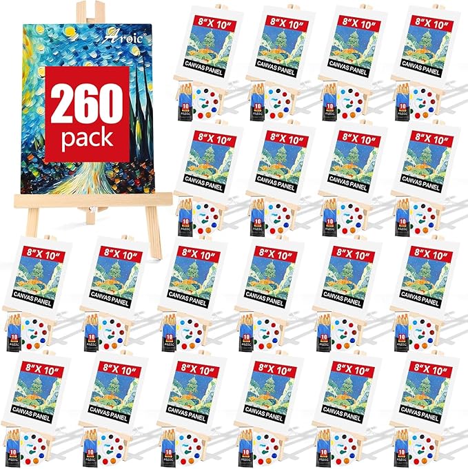 AROIC 260 Pcs Easel Sets with 20 Easels, 200 Brushes, 20 Canvas, 20 Palette | Painting Set, Tabletop Easel, Art Easels, Painting Supplies for Kids & Adults to Paint Party