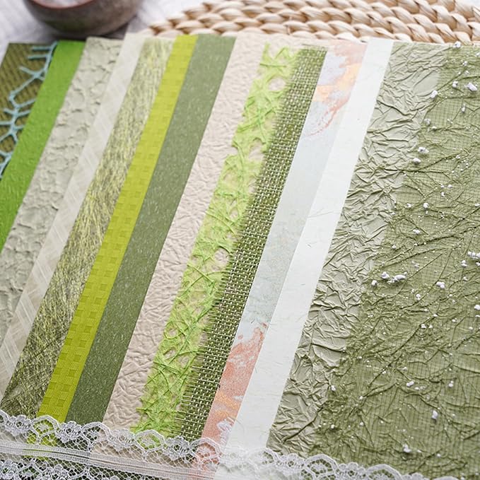 15Pcs Handmade Scrapbook Art Paper Craft Textured Paper Colorful A5 sheet Mesh Special Mix for Scrapbooking Junk Journal Journaling Supplies DIY Materials,5.8x8.2 inches (Green)