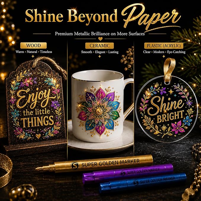 SAKEYR Super Golden Metallic Paint Markers, 12 Colors Sparkle Metallic Glitter Markers, Acrylic Paint Pens for Rock Painting, Glass, Wood, Fabric, Black Paper, Cards, Scrapbook, DIY Art Crafts (2-3mm)
