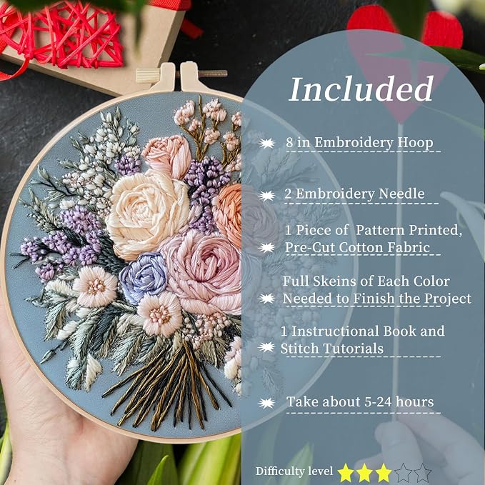 FONNUY Bouquet Flowers Embroidery Kit for Beginners, Pre-Stamped Pattern Kits for Adults with Hoop, Easy to Follow Color Thread Needlework, 8'' Hoop (Captivating Allure)