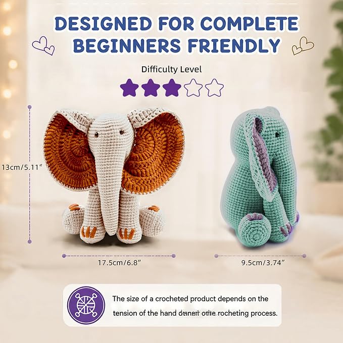 JYZJDKE Crochet Kit for Beginners Adults - DIY Amigurumi Elephant Knitting Starter Kit with Yarn Sets, Crochet Animal Kit Cute Stuffed Animal Craft Birthday Gifts (Beige White+Tiffany Green Elephant)