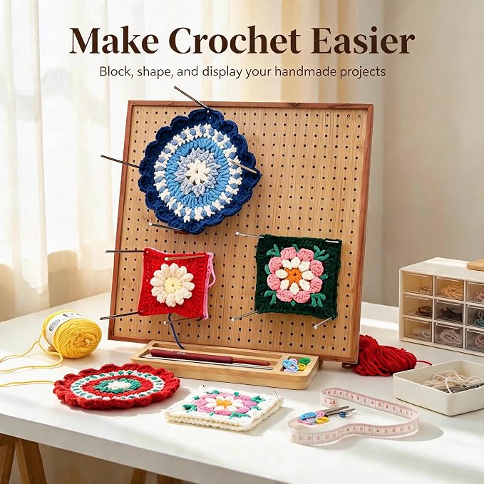 HHSarioneiro 11.8" Crochet Blocking Board with 16 Pins/Pegs, Granny Square Blocking Boards for Crochet Projects, Wooden Crocheting Accessories Gifts for Crocheters
