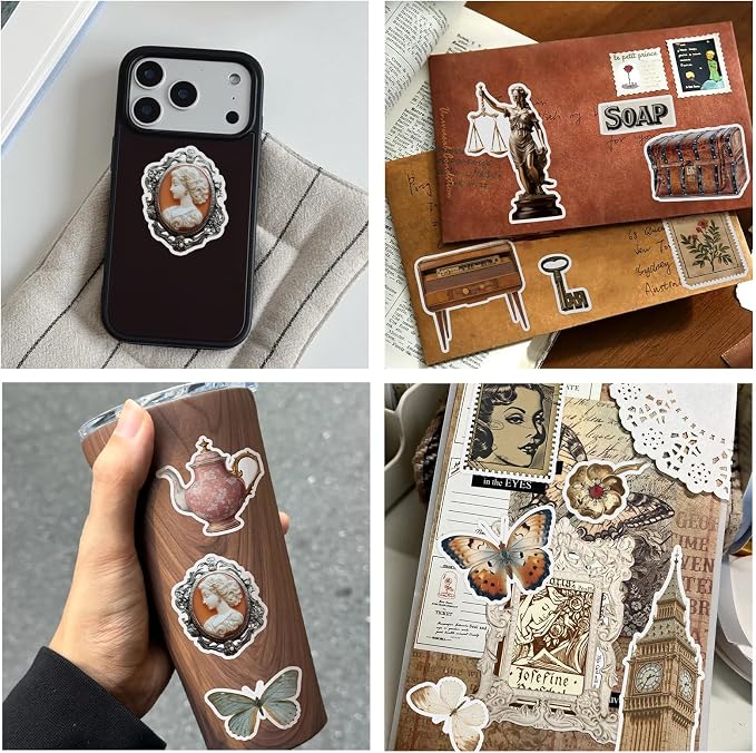 PRSTINCOL Vintage Sticker Book with 30 Pages and 300+ Aesthetic Stickers for Scrapbooking Supplies and Retro Bullet Journal