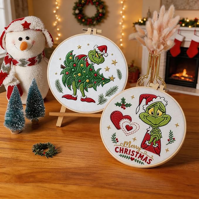 BBLYBD Christmas Embroidery Kit, 4 Set Embroidery Starter Kit, Cross Stitch Kits with Pre-Printed Embroidery Fabric, Hoops, Step-by-Step Instructions, Color Threads & Needles (Christmas02-4 Set)