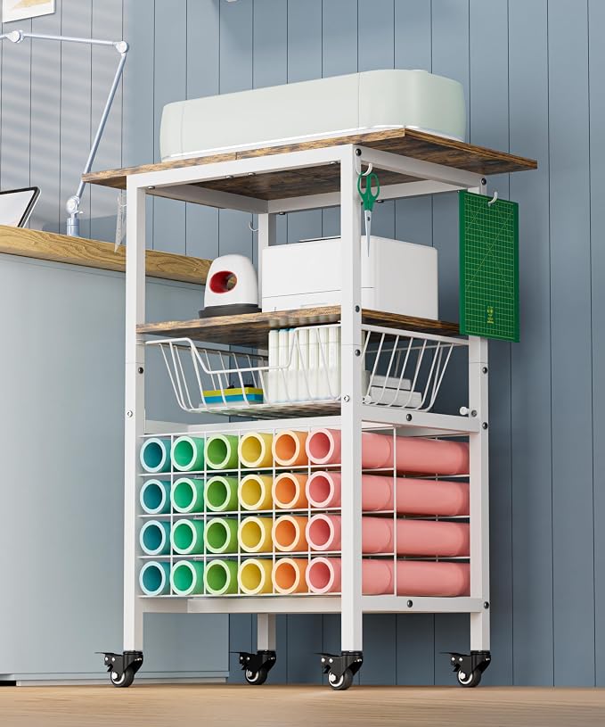Queension Craft Cart with Wheels for Cricut Machines, Craft Organization and Storage Stand with Basket, Cutting Machine Stand for Cricut Accessories, Vinyl Roll Organizer, White