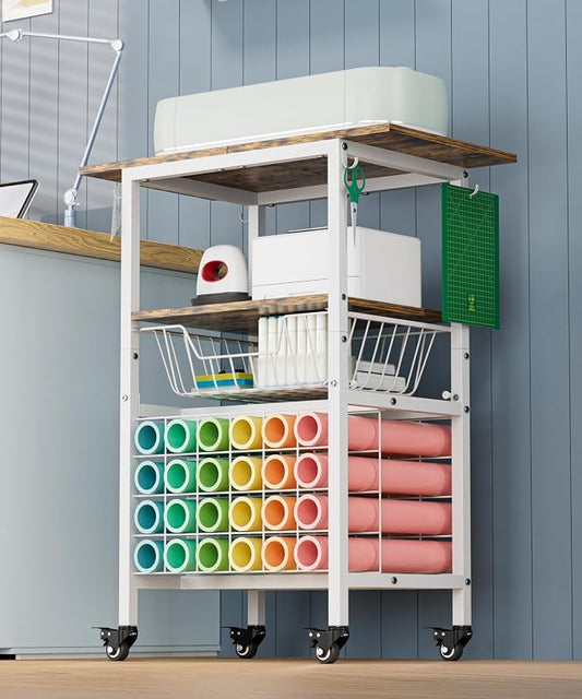 Queension Craft Cart with Wheels for Cricut Machines, Craft Organization and Storage Stand with Basket, Cutting Machine Stand for Cricut Accessories, Vinyl Roll Organizer, White