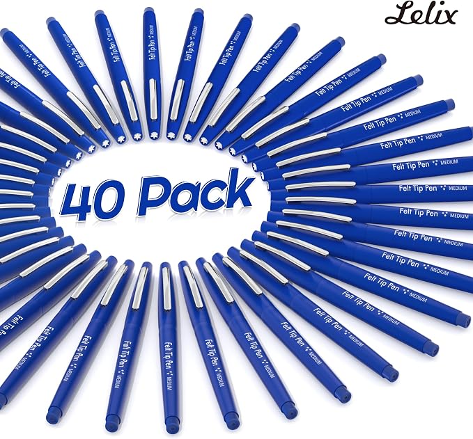 Lelix Felt Tip Pens, 40 Blue Pack, 0.7mm Medium Point, Felt Tip Markers Pens for Journaling, Writing, Note Taking, Planner, Perfect for School Office and Art Supplies