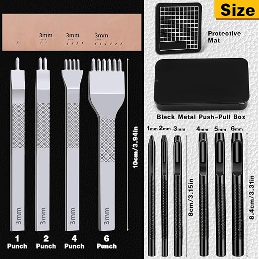Leather Stitching Punch Hole Punch Tool Set, 3mm 1/2/4/6 Prong Punch Chisel
