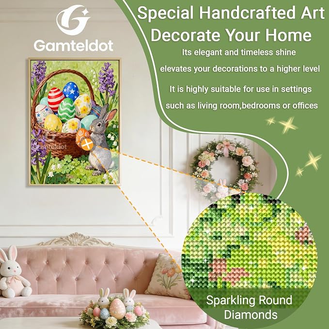 Gamteldot Easter Diamond Art Kits for Adults Beginner,DIY Easter Eggs Rabbit Diamond Art 5D Full Drill Diamond Dot,Diamond Painting with Complete Tools,Gem Art Crafts for Home Wall Decor Gift-12x16in
