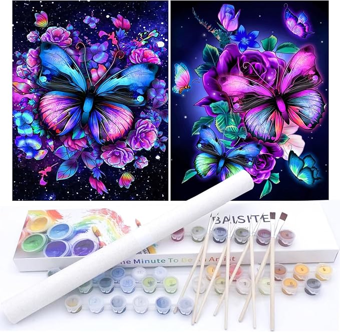 BAISITE Paint by Numbers Kit for Adults Beginners,12" Wx16 L 2 Pack Canvas for Painting Kits for Adults in Colorful Box-Butterflies 5152