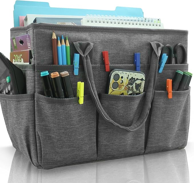 Cupohus Art Organizer Craft Storage Tote Bag with Pockets and Handles Grey