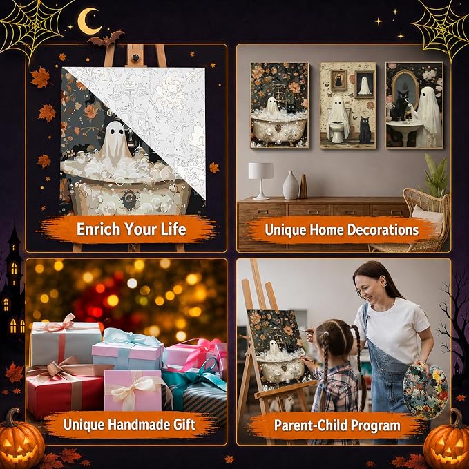 Mandun Halloween Paint by Numbers Kit for Adults, 3 Pack, 7.8x11.8 inch | DIY Painting Kits Crafts for Adults, Relieve Stress, Frame Canvas, Wooden Easel, Gift Box, Home Wall Decor