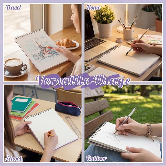 Prudiut Sketch Book 3 Pack, 8.5 × 11 in, Spiral Bound, Violet | 50 Sheets Each, 68 Lb Acid-Free Paper, Perforated Pages, Backboard Support, for Pencil, Charcoal, Pastel