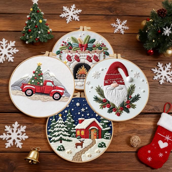 BBLYBD Christmas Embroidery Kit, 4 Set Embroidery DIY Starter Kit, Cross Stitch Kits with Pre-Printed Embroidery Fabric, Hoops, Step-by-Step Instructions, Color Threads & Needles (Christmas-4 Set)