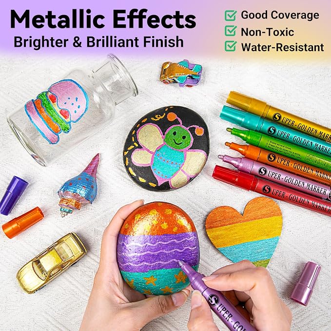 SAKEYR Super Golden Metallic Paint Markers, 18 Colors Sparkle Metallic Glitter Markers, Acrylic Paint Pens for Rock Painting, Glass, Wood, Fabric, Black Paper, Cards, Scrapbook, DIY Art Crafts (2-3mm)