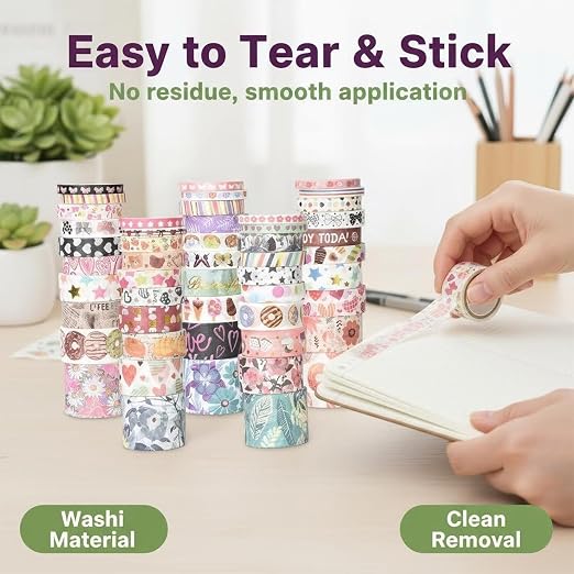 50 Rolls Washi Tape Set, Assorted Sizes, for Junk Journal Scrapbook, Bullet Journaling Scrapbooking Supplies, Planner Sticker DIY Craft Decor (Serene Basics)