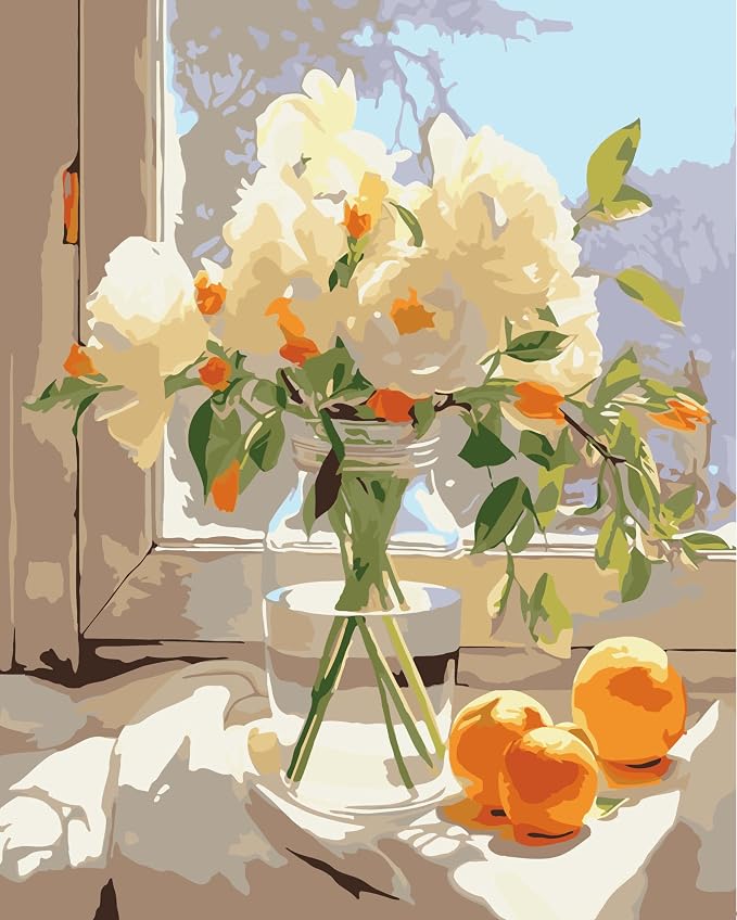 ZRIZQ Paint by Numbers Kit for Adults Beginner,White Flowers,16x20