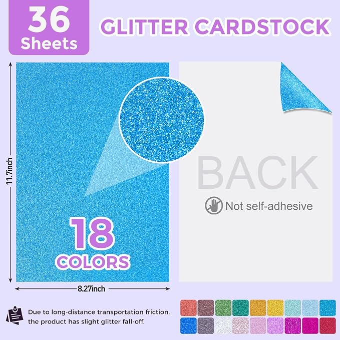 Koogel 36Sheets Glitter Cardstock, 8.27" x 11.7" (A4 Size) 18 Colors