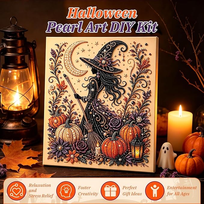Irsnianianfa Halloween Pearl Art Kit for Adults,Diamond Art Painting Crafts Kit,Spooky Cute Witch & Pumpkin Canvas Art,DIY Fall Home Decor & Wall Art (A-01)