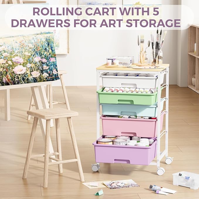 SYKIARIOL 5-Tier Rolling Cart with Drawers with Wooden Top, Ice Cream | Mobile Craft Storage Drawer Cart Trolley for Home Office, Classroom, Craft Room & Kid Room