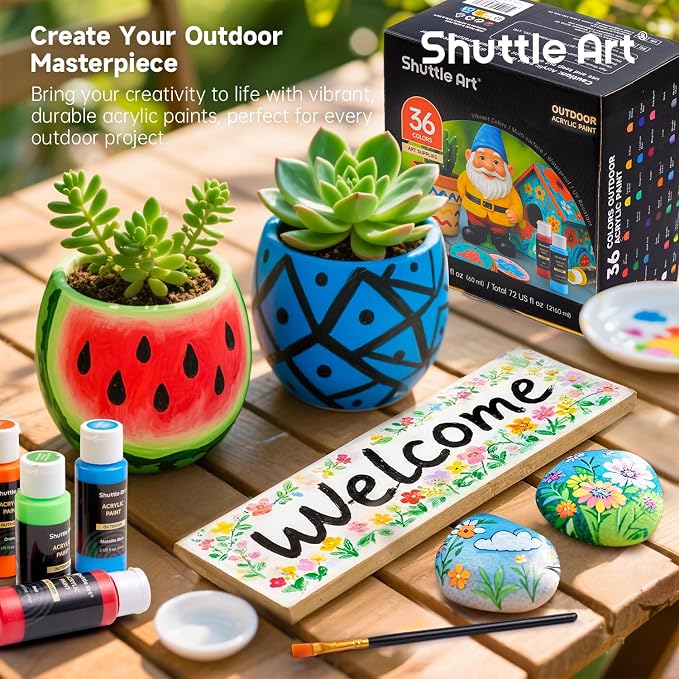 Shuttle Art Outdoor Acrylic Paint Set, 36 Colors 2oz/60ml Waterproof Acrylic Paint with 10 Brushes 1 Palette, Rich Pigmented Paints for Artists, Beginners on Rocks, Wood Crafts, Garden Statues
