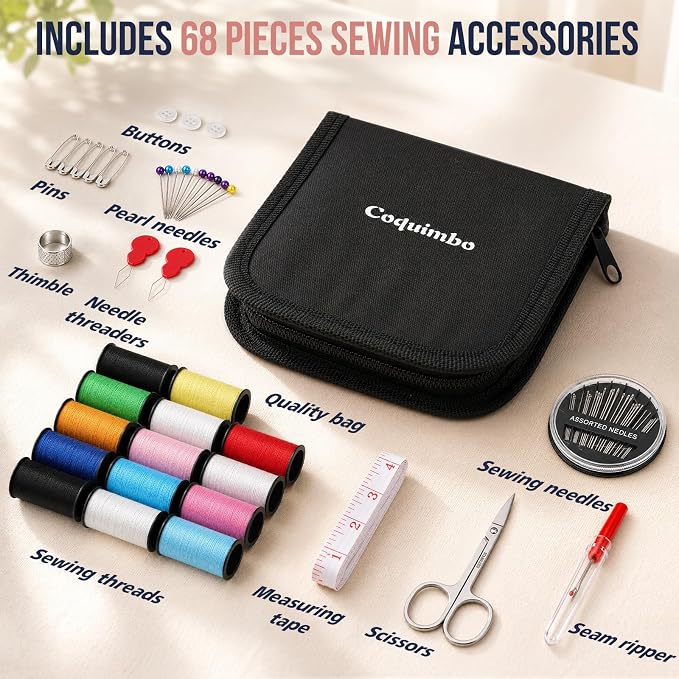 Coquimbo Sewing Kit Mini Travel, Dorm Room Essentials for Girls (Black, S) | Stocking Stuffers for Teen Girls Boys Adults Women Kids, Portable Needle and Thread Kit with Scissors, Tape Measure, Thimble