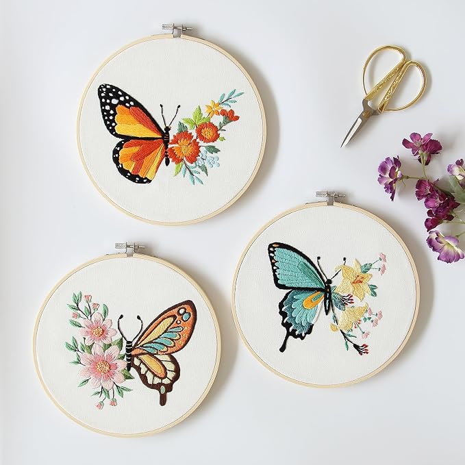 Bonroy 4 Sets Embroidery Kit for Beginners,Embroidery Art Craft Handy Sewing Include Clothes with Pattern,Embroidery Hoops, Instructions,Color Threads Needle (Butterfly) (CX-55)