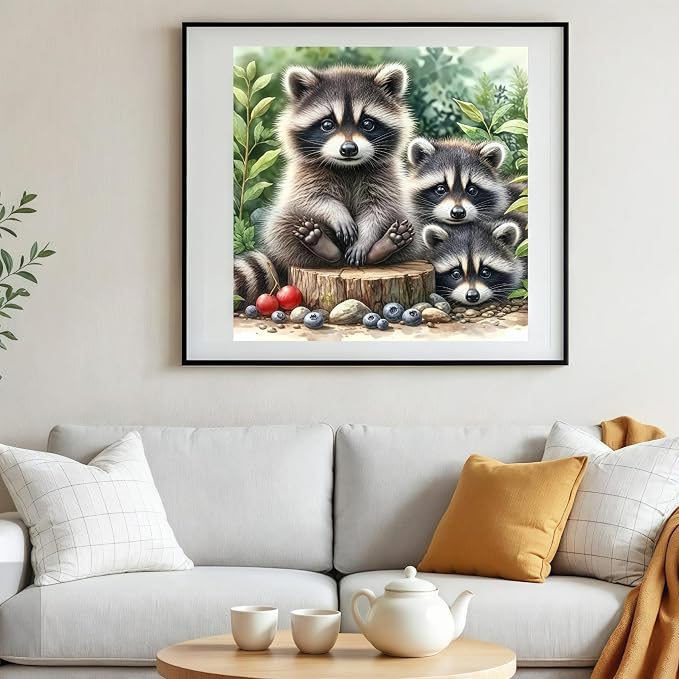 5D Animals Diamond Painting Kits for Adults,Raccoon Family Diamond Art Kits | DIY Full Drill Diamond Dot Gem Painting for Home Wall Decor 13.78x13.78inch