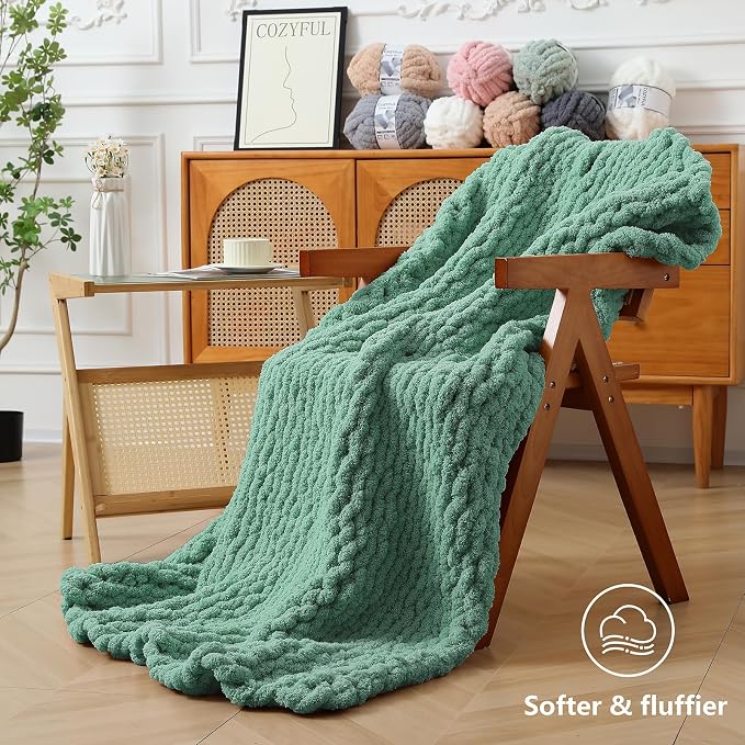Cozyful Chunky Yarn for Hand Knitting - #10 Chunky Chenille Yarn, Jumbo Big Thick Chunky Yarns for Crocheting, Super Bulky Chunky Knit Blanket Yarns, 8 Skein (22yds 8oz Each Skein), Misty Jungle Green